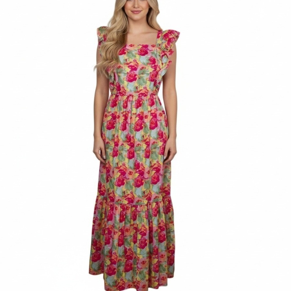 Peyton & Parker Floral Maxi Dress Size L Cottagecore Square Neck Milkmaid Casual